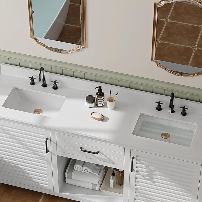 72" White Double Sink Bathroom Vanity with Quartz Countertop | Pre-Assembled Freestanding Bathroom Vanity Cabinet with Dual cUPC Ceramic Basins & Soft Close Doors