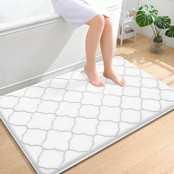 OLANLY Memory Foam Bath Mat Rug 47x32, Ultra Soft and Absorbent Bathroom Rugs, Non-Slip, Comfortable, Machine Washable Bath Carpet for Bathroom Floor, Tub, Shower and Home Decor Accessories, White