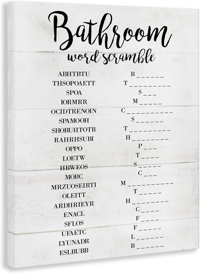 Bathroom Word Scramble Typography, 36 x 48 Inch Canvas Wall Art | Stupell Industries · By Lil' Rue · Ready to hang · Fun bath and laundry decor · Made in USA