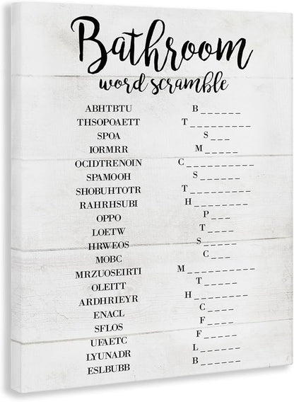 Bathroom Word Scramble Typography, 24 x 30 Inch Canvas Wall Art | Stupell Industries · By Lil' Rue · Ready to hang · Fun bath and laundry decor · Made in USA