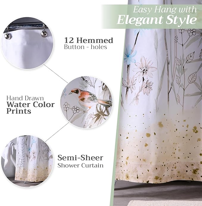Maison d' Hermine Shower Curtain 100% Cotton One Panel 70"x72" Washable Fabric Shower Curtains for Bathroom, Easy Hanging with 12 Button Holes - Hotel Spa Easter Gifts (Meadow Florals - Brown)