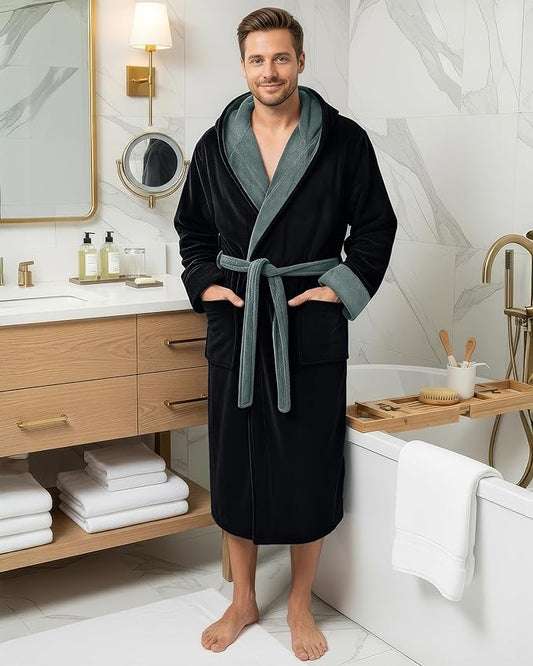 NY Threads Mens Robe with Hood, Luxury Plush Fleece Hooded Mens Bathrobe, Spa Bath Robe for Men