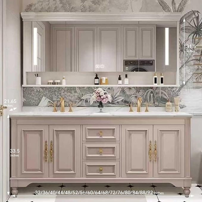 American Minimalist Bathroom Vanity with Sink Mirror 36-92IN, Premium Solid Wood Vanity with LED Lighting& Defogging
