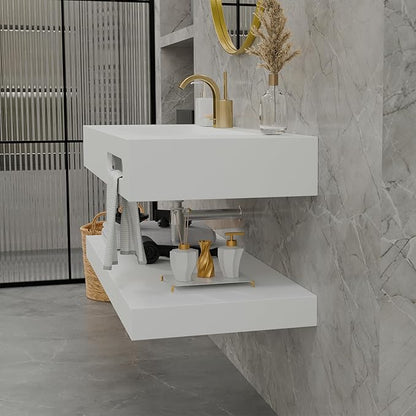 QJ&XY Resin Bathroom Sink 48" Wall Mounted V-Shaped White Basin with Towel Rack, Floating Vanity Sink in Soft-Touch Finish (Double Tier)