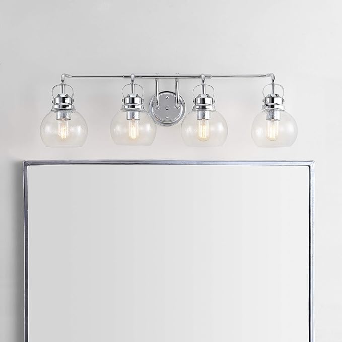 JONATHAN Y 34" Chrome Shirley 4-Light Bathroom Vanity Light, Metal Wall Sconce, Clear Seeded Glass Shade, Modern Transitional Farmhouse Fixture, LED Bulbs Included (JYL7406A)