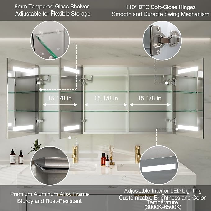 48x24 Lighted Medicine Cabinet with Mirror Defogger - Dimmable Touch Sensor, Adjustable Color Temperature, Shatterproof Tempered Glass, Quick-Release Hinges, Adjustable Shelves,three door