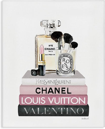 Stupell Industries 'Cosmetics on Pink Books'| Canvas Art | Stupell Industries | 16 x 20 Inches, Easy to Hang and Sturdy, Made in USA, by Amanda Greenwood