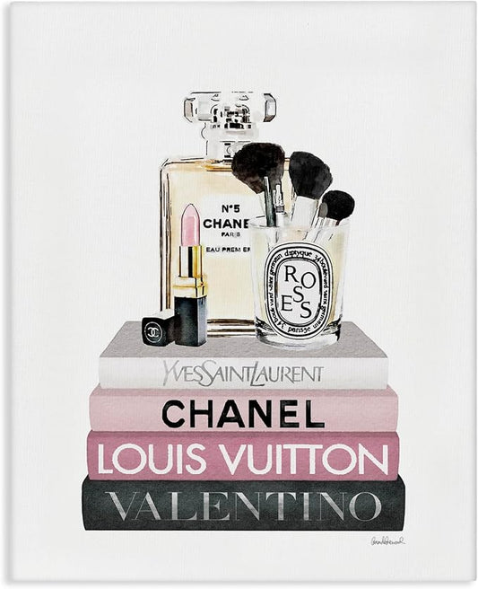 Stupell Industries 'Cosmetics on Pink Books'| Canvas Art | Stupell Industries | 30 x 40 Inches, Easy to Hang and Sturdy, Made in USA, by Amanda Greenwood