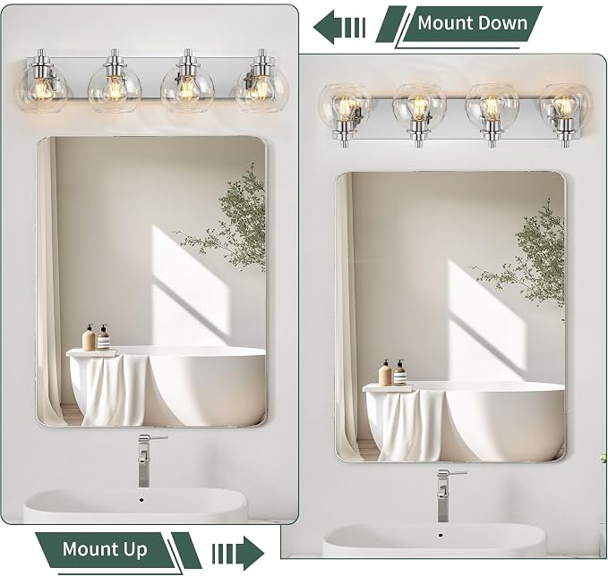4 Light Bathroom Light Fixtures-Chrome Bathroom Vanity Lights, Modern Vanity Lights 4-Light Bathroom Lighting Fixtures Over Mirror with Clear Glass Globe Shade