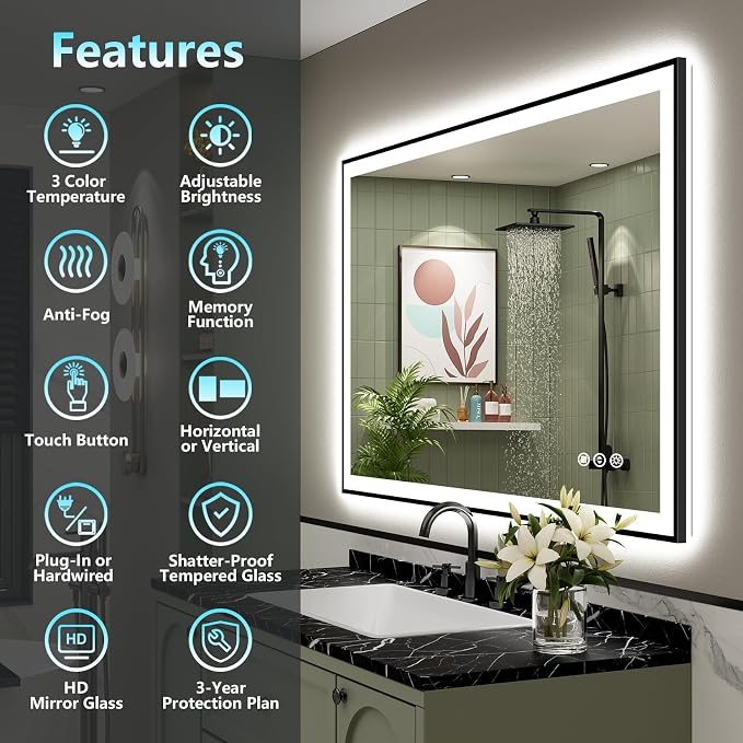48x40 Black LED Bathroom Mirror, Backlit & Front Lit Lighted Mirror | Metal Framed Anti-Fog Vanity Mirror with Lights, 3 Color Dimmable, Memory, Tempered Glass, CRI95, IP54, Horizontal/Vertical