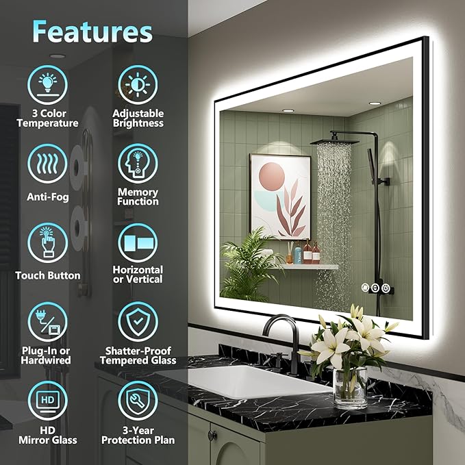40x38 Black Framed LED Bathroom Mirror with Lights, Backlit and Front Lit Anti-Fog Lighted Vanity Mirrors for Bathroom Wall, Dimmable, 3 Colors, Memory, HD Tempered Glass, Horizontal/Vertical