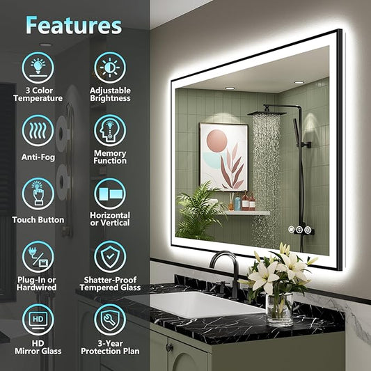 48x40 Black Framed LED Bathroom Mirror with Lights, Backlit and Front Lit Anti-Fog Lighted Vanity Mirrors for Bathroom Wall, Dimmable, 3 Colors, Memory, HD Tempered Glass, Horizontal/Vertical