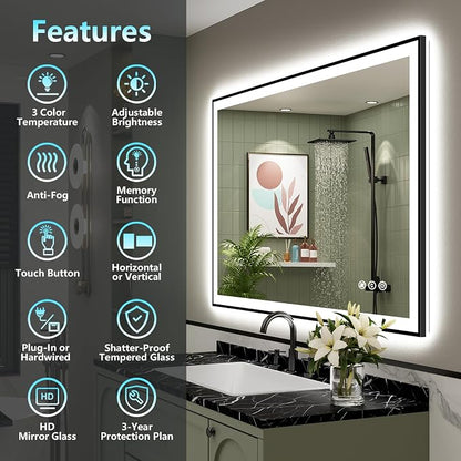 48x30 Black LED Bathroom Mirror, Backlit & Front Lit Lighted Mirror | Metal Framed Anti-Fog Vanity Mirror with Lights, 3 Color Dimmable, Memory, Tempered Glass, CRI95, IP54, Horizontal/Vertical