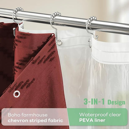 Dynamene Extra Long Shower Curtain and Liner Set - 84 inch Tall Boho Shower Curtain and Waterproof Clear Liner, Tufted Chevron Striped Tassel Shower Curtains for Bathroom, 12 Hooks, 72x84, Burgundy