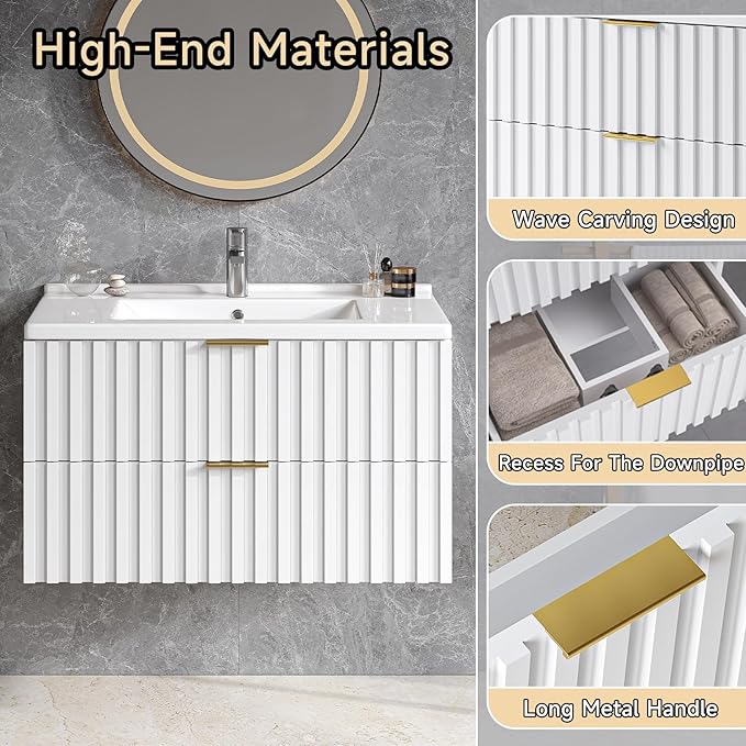 ONBRILL 30 Inch Bathroom Vanity with Sink Combo, Floating Bathroom Vanity with 2 Fluted Drawers & Metal Handle, Modern Wall Mount Storage Cabinet with Ceramic Integrated Sink for Small Space (White)