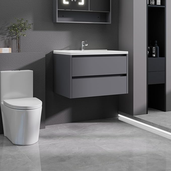Dark Gray Floating Bathroom Vanity with Sink, 31x18 Inch Wall Mounted Bathroom Cabinet with 2 Drawers, Modern Single Sink Vanity for Small Bathroom, Space-Saving Storage Cabinet