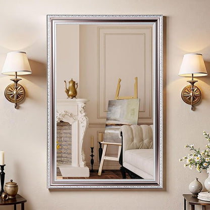 ROLOVE 24x34 Inch Brushed Rose Gold Frame Mirror for Wall, Ornate Baroque Wall Mirror, Large Vintage Decorative Mirror for Mantel & Bathroom, Waterproof Frame, Tempered Glass (Champagne Pink Hue)