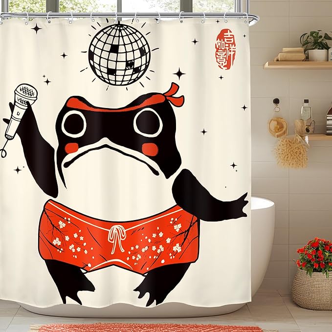 LGhtyro Funny Frog Shower Curtain Bathroom Set 60Wx71H Inches Retro Asian Style Traditional Japanese Art Animal Lantern Ball Microphone Bath Accessories Cute Art Home Decor Fabric 12 Pack Hooks