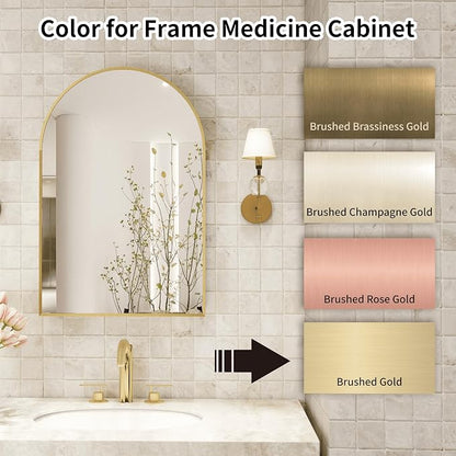 Gold Medicine Cabinet with Mirror,Bathroom Arched Medicine Cabinet Wall Mounted,Modern Vanity Mirror with Storage,Bathroom Storage Cabinet with Adjustable Shelves,Not Recessed,24x36 Inch