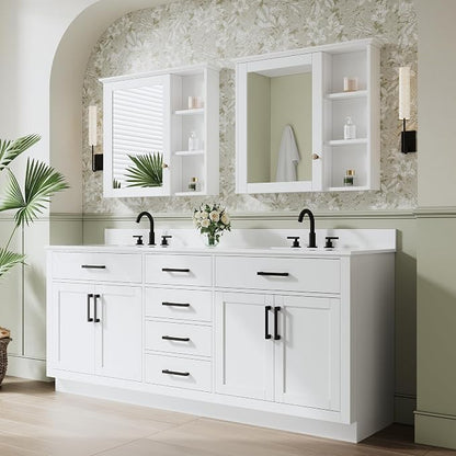 80-Inch Bathroom Vanity with Double Sinks W/ 4 Doors & 4 Drawers & 2 Flip Drawers, White Vanity W/Matte Black Handles
