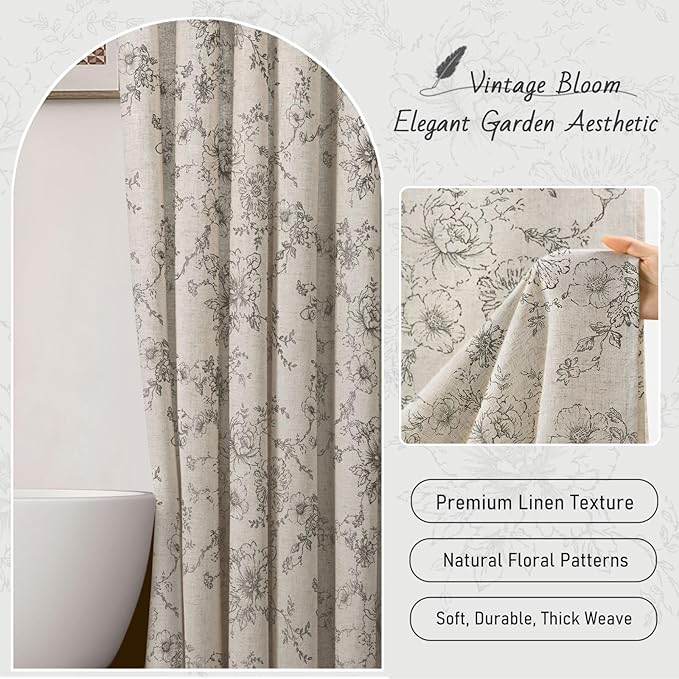 Farmhouse Floral Linen Shower Curtain, Vintage Grey Pattern Rustic Shower Curtains for Bathroom, Tan Taupe,Gray,72x78