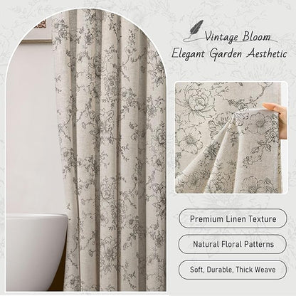 Farmhouse Floral Linen Shower Curtain, Vintage Grey Pattern Rustic Shower Curtains for Bathroom, Tan Taupe,Gray,72x78