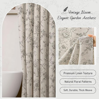 Farmhouse Floral Vintage Shower Curtain for Bathroom, Grey and Tan Taupe | 72" W x 78" L, Elegant Boho Pattern Bath Curtain Linen Fabric