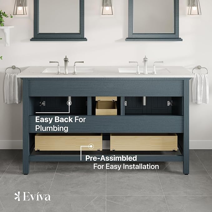 Eviva Britney 60 in. Ash Blue Double Sink Bath Vanity with Carrara Quartz Top and Undermount Porcelain Sinks