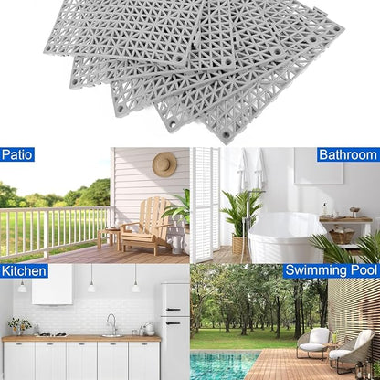 Modular Interlocking Cushion 24 Pack 11.8" x 11.8" Rubber Floor Tiles Non-Slip Splicing Drainage Mats for Deck, Pool, Outdoor Shower, Patio, Balcony, Indoor Bathroom, Kitchen, Yard (Gary)