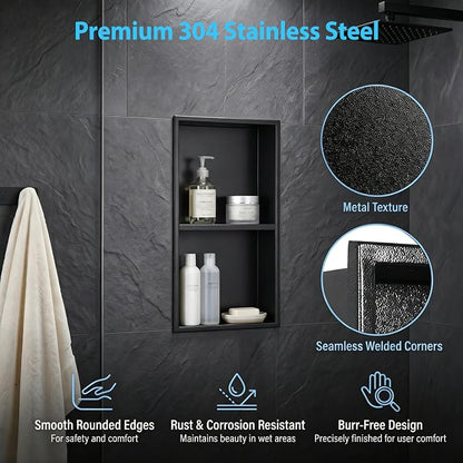 304 Stainless Steel Shower Niche 12” x 24” for Bathroom Storage | Matte Black Recessed Shower Niche No Tile Needed with 2-Tier Shelves for Bathroom Space Saving