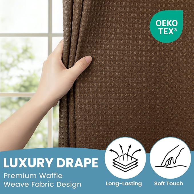 SORTTO No Hook Shower Curtain with Snap in Liner Set Waffle Shower Curtain for Bathroom Hotel Style Fabric Waterproof Inner Liner，71" W x 74" H, Brown