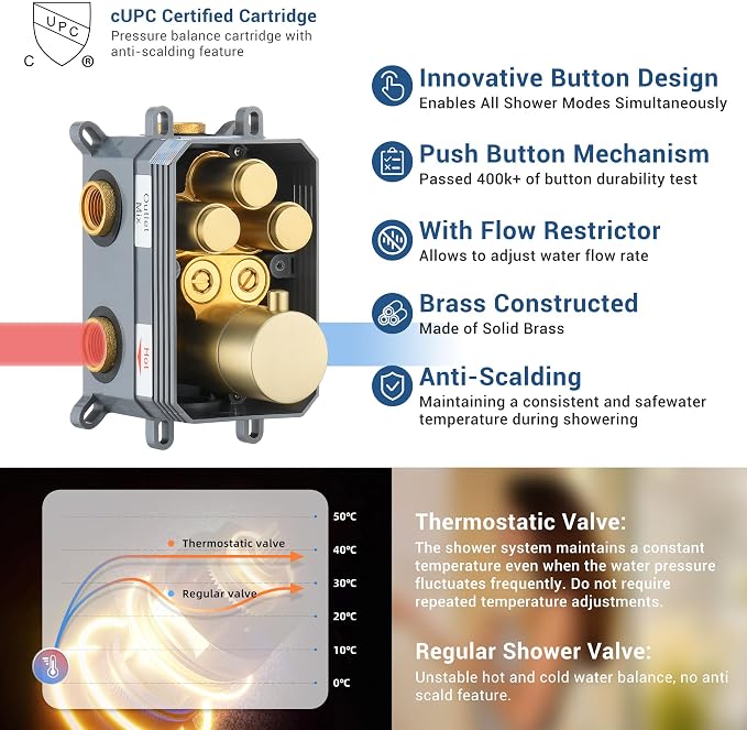 Thermostatic Dual Shower System, Rain Shower Faucet, Brushed Gold | 12 Inch Shower Head, 6 Inch Wall Mount Head, High Pressure Handheld Sprayer, Push Button Valve