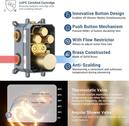 Thermostatic Dual Shower System, Rain Shower Faucet, Brushed Gold | 12 Inch Shower Head, 6 Inch Wall Mount Head, High Pressure Handheld Sprayer, Push Button Valve