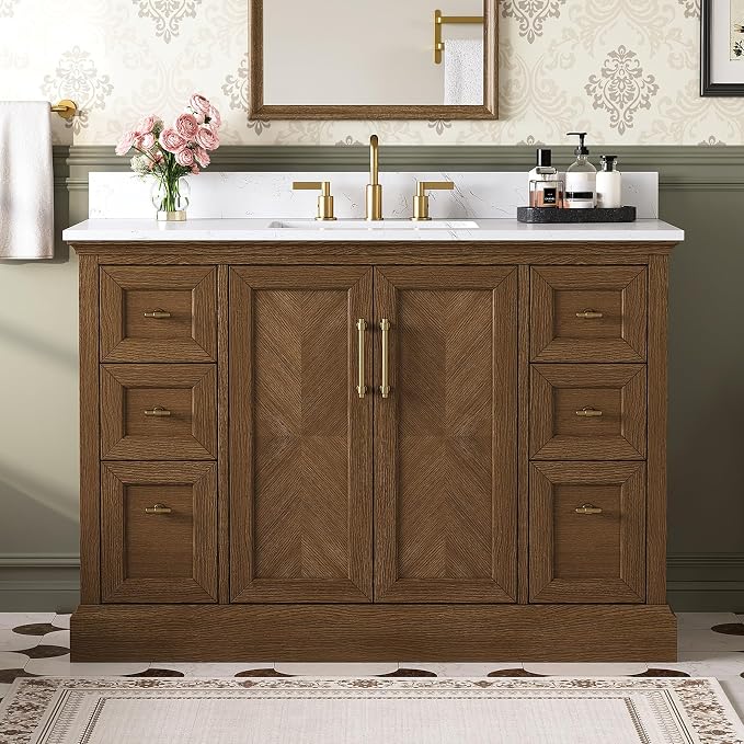 48 Inch Walnut Bathroom Vanity with Sink, Freestanding Transitional Vanities, Soft Close Parquet Doors & Dovetail Drawers, Fully Assembled Solid Wood Vanity for Bathroom Renovation