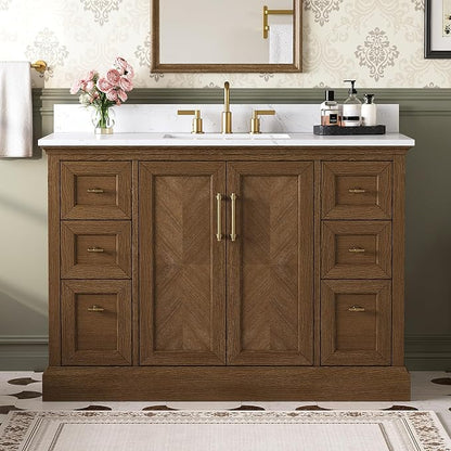 48 Inch Walnut Bathroom Vanity with Sink, Freestanding Transitional Vanities, Soft Close Parquet Doors & Dovetail Drawers, Fully Assembled Solid Wood Vanity for Bathroom Renovation