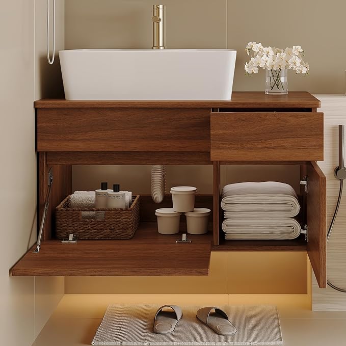 31.5" Floating Bathroom Vanity with Sink and Drawer, Soft Closing, Solid Wood Mid Century Modern Single Bathroom Vanity Cabinet with Storage, Wall Mounted (Walnut)