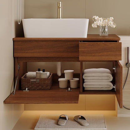 32" Floating Bathroom Vanity with Single Sink, Modern Wall Mounted Bathroom Vanities with Above Ceramic Basin, Wood Bathroom Vanity Cabinet with 1 Drawers and 2 Storage Cabinets, Walnut