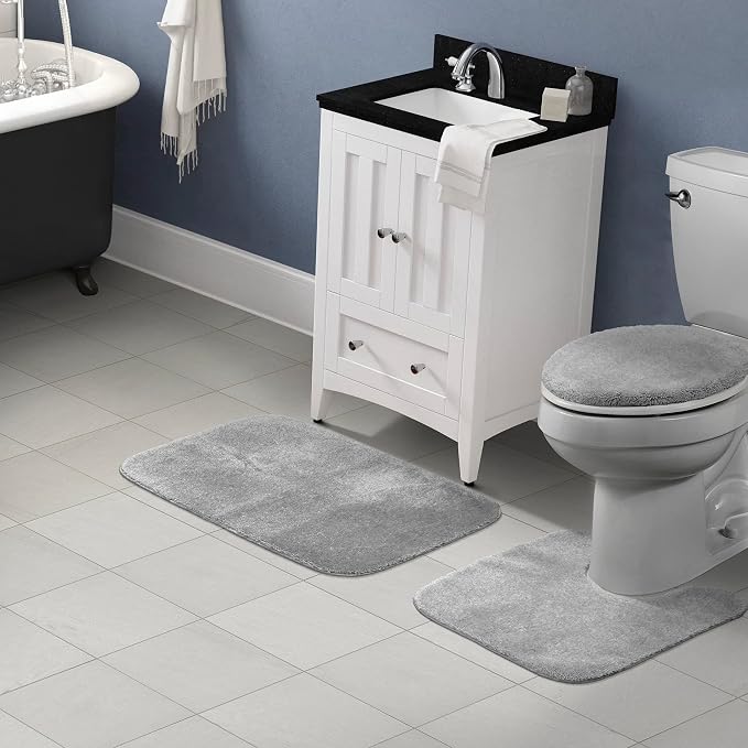 Garland Rug Traditional Nylon Washable Platinum Gray 3 Piece Set - Lid, Contour, Bath Rug - Soft, Absorbent, and Stylish for Your Bathroom