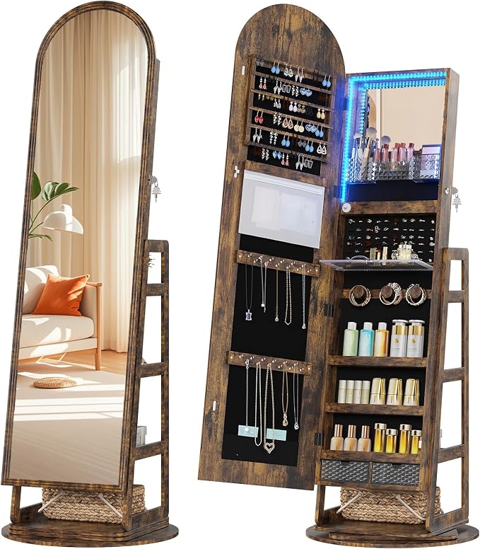 HWB Arched LED Jewelry Cabinet with Full-Length Mirror & Storage Shelves