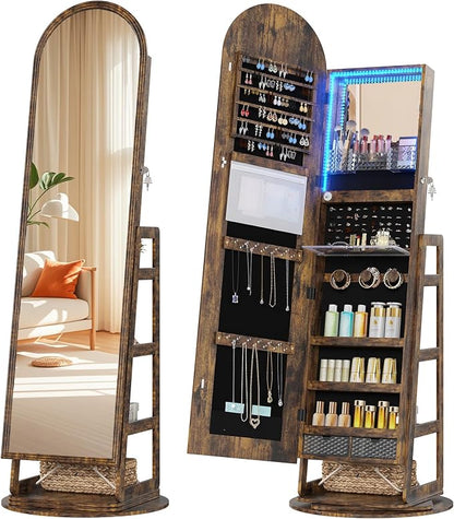 HWB Arched LED Jewelry Cabinet with Full-Length Mirror & Storage Shelves