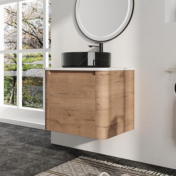 Malwee 24" Floating Bathroom Vanity with Sink, 24 Inch Wall Mounted Bathroom Cabinet Combo, Modern Single Sink Bath Storage Vanity Set, with 1 Soft Close Door and Ceramic Vessel Basin Top(24-RR