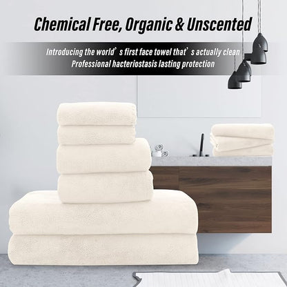 MOONQUEEN Ultra Soft Towel Set-Quick Drying - 2 Bath Towels 2 Hand Towels 2 Washcloths-Microfiber Coral Velvet Highly Absorbent Towel for Bath Fitness,Bathroom,Sports,Yoga, Travel(Cream, 6 Pcs)