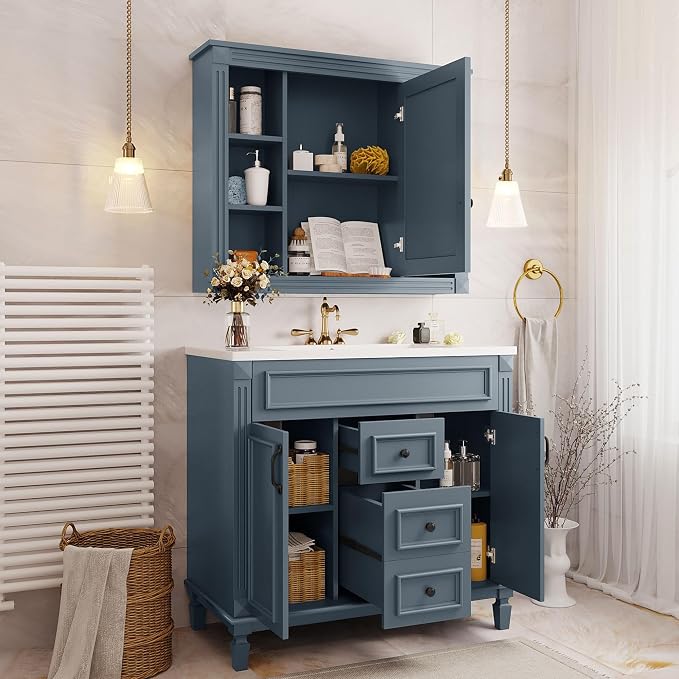 36" Bathroom Vanity with Top Sink, Mirror Cabinet, Modern Bathroom Storage Cabinet with 2 Soft Closing Doors and 2 Drawers, Single Sink Bathroom Vanity
