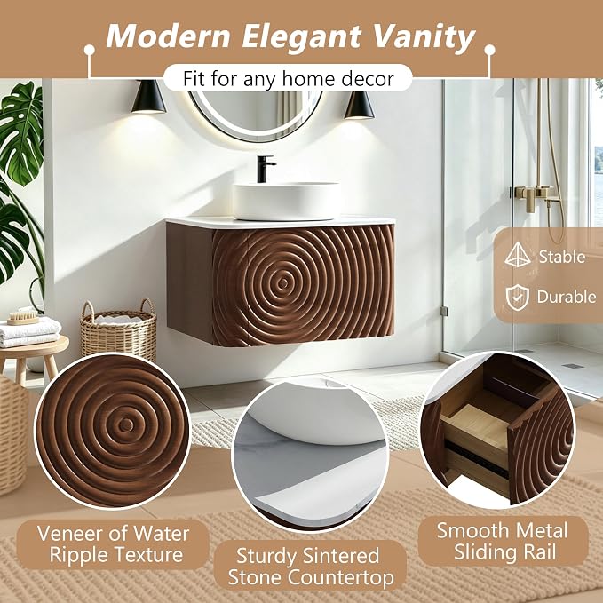 48" Floating Bathroom Vanity with Sink, Mid-Century Wall Mounted Bathroom Vanity Cabinet with Wood Waved Decor,Ceramic Vessel Basin and Sintered Stone Top, Soft Close Drawer, 2 Side Open Cube