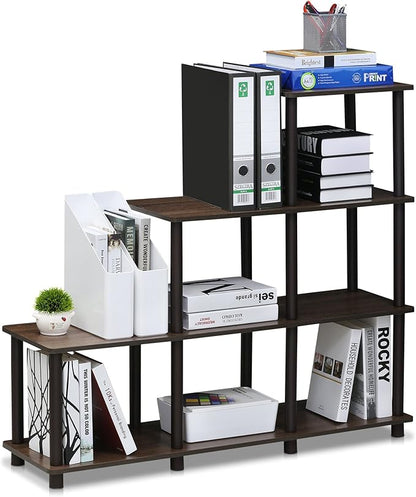 Furinno Turn-N-Tube Storage Shelves, 4-Tier Ladder Book Shelf, 6 Cube Open frame Corner Shelf, Toolless Assembly, Open Shelves, for Organization and Storage, Living Room, Garage, Home Office, Walnut
