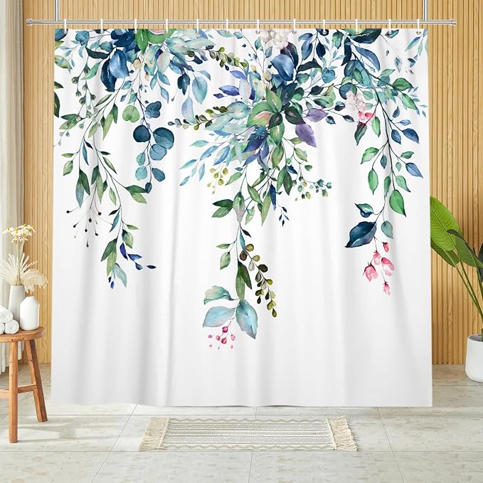 Eucalyptus Extra Long Shower Curtain, Watercolor Green Leaves Plant Floral Spring Nature Waterproof Fabric Machine Washable with Hooks for Bathroom Bathtub 72Wx84H