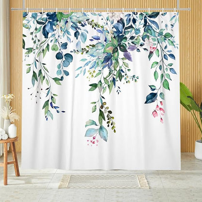 Eucalyptus Extra Long Shower Curtain, Watercolor Green Leaves Plant Floral Spring Nature Waterproof Fabric Machine Washable with Hooks for Bathroom Bathtub 72Wx84H