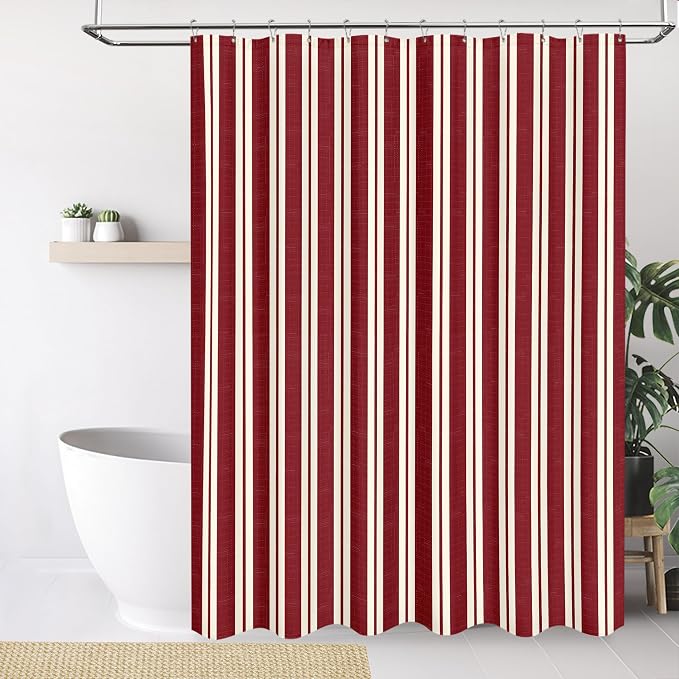 Tititex Cute Candy Cane Striped 140gsm Faux Linen Fabric Shower Curtain, Elegant Classic Burgundy Red Shower Curtain Sets Decoration 72x72 Inch with Hooks