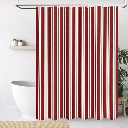 Tititex Cute Candy Cane Striped 140gsm Faux Linen Fabric Shower Curtain, Elegant Classic Burgundy Red Shower Curtain Sets Decoration 72x72 Inch with Hooks