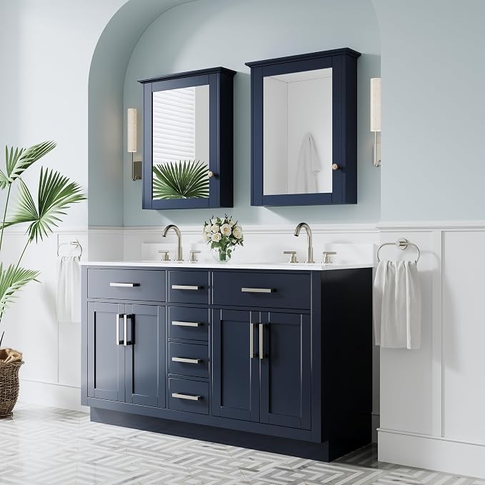 60-Inch Bathroom Vanity with Double Sinks W/ 4 Doors & 4 Drawers & 2 Flip Drawers, Navy Blue Vanity W/Brushed Nickel Handles